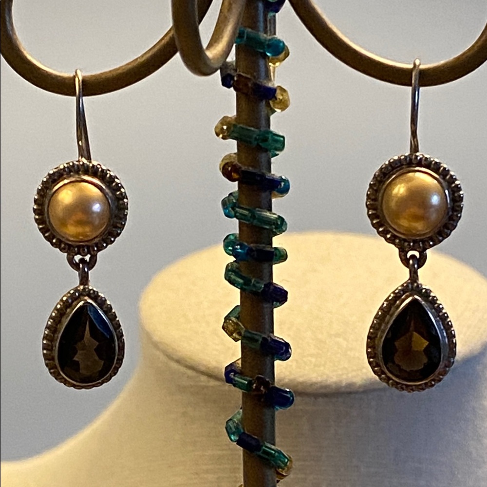 Vintage Gold Pearl and Smoky Quartz/Topaz Sterling Drop Earrings